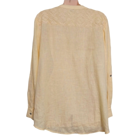 Chico's Yellow Linen Button Down Top w Floral Lace Sz 1 (M) - Picture 2 of 5